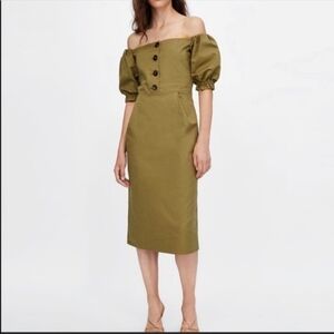 Zara Khaki Off Shoulder Puff Sleeve Midi Dress